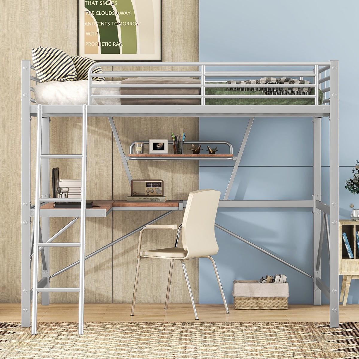 Full Size Loft Metal&Mdf Bed With Desk And Shelf, Silver Full Silver Metal