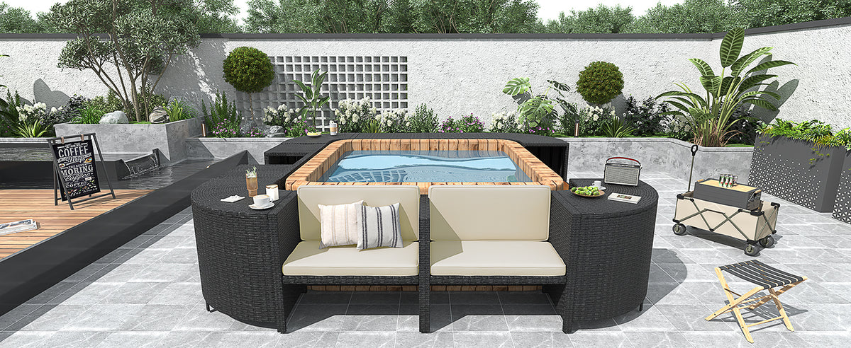 Spa Surround Spa Frame Quadrilateral Outdoor Rattan Sectional Sofa Set With Mini Sofa,Wooden Seats And Storage Spaces, Beige Yes Beige Water Resistant Frame Water Resistant Cushion Garden & Outdoor Sectional Seating Groups Foam Rattan Waterproof Fabric