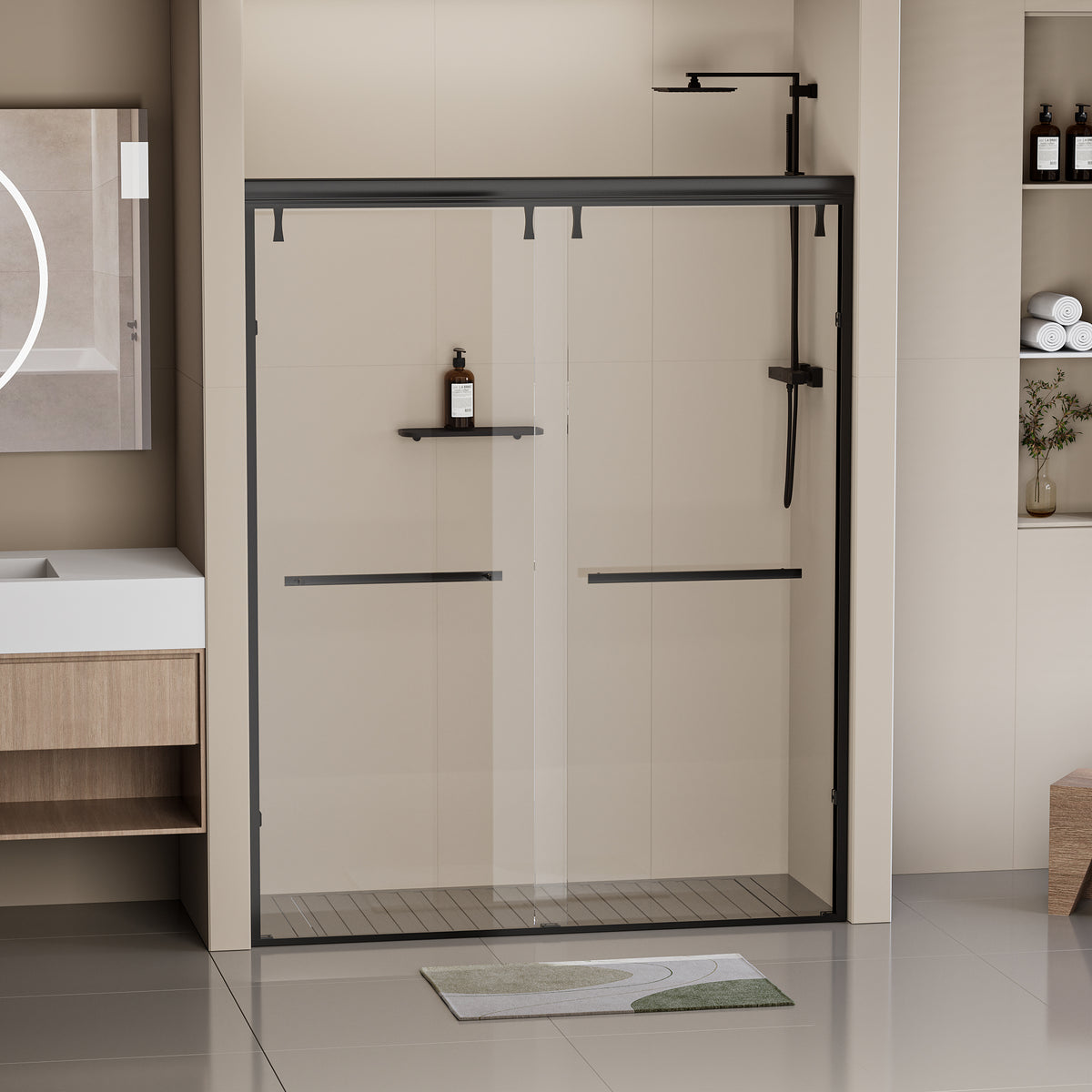 44 48 In. W X 76 In. H Semi Frameless Shower Door, Double Sliding Shower Door, 5 16" 8Mm Clear Tempered Glass Shower Door With Explosion Proof Film, Matte Black 24D212 48Mb Matte Black Stainless Steel