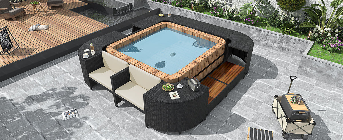 Spa Surround Spa Frame Quadrilateral Outdoor Rattan Sectional Sofa Set With Mini Sofa,Wooden Seats And Storage Spaces, Beige Yes Beige Water Resistant Frame Water Resistant Cushion Garden & Outdoor Sectional Seating Groups Foam Rattan Waterproof Fabric