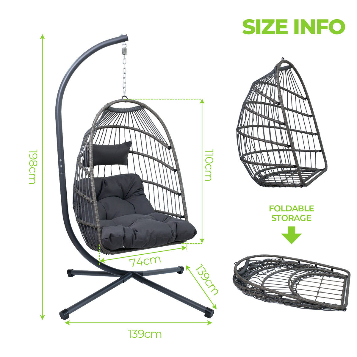 Outdoor Egg Hanging Chair With Stand, Patio Wicker Swing Egg Chair Indoor Swinging Chair Outdoor Hammock Egg Chair Black Gray Rust Resistant Frame Mildew Resistant Cushion Garden & Outdoor Modern Polyester Pe Rattan Iron Waterproof Fabric