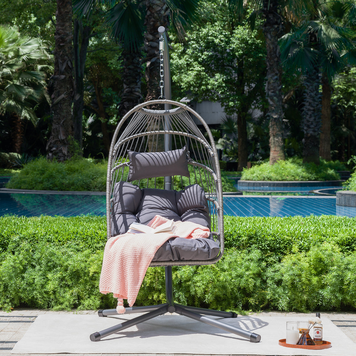 Outdoor Egg Hanging Chair With Stand, Patio Wicker Swing Egg Chair Indoor Swinging Chair Outdoor Hammock Egg Chair Black Gray Rust Resistant Frame Mildew Resistant Cushion Garden & Outdoor Modern Polyester Pe Rattan Iron Waterproof Fabric
