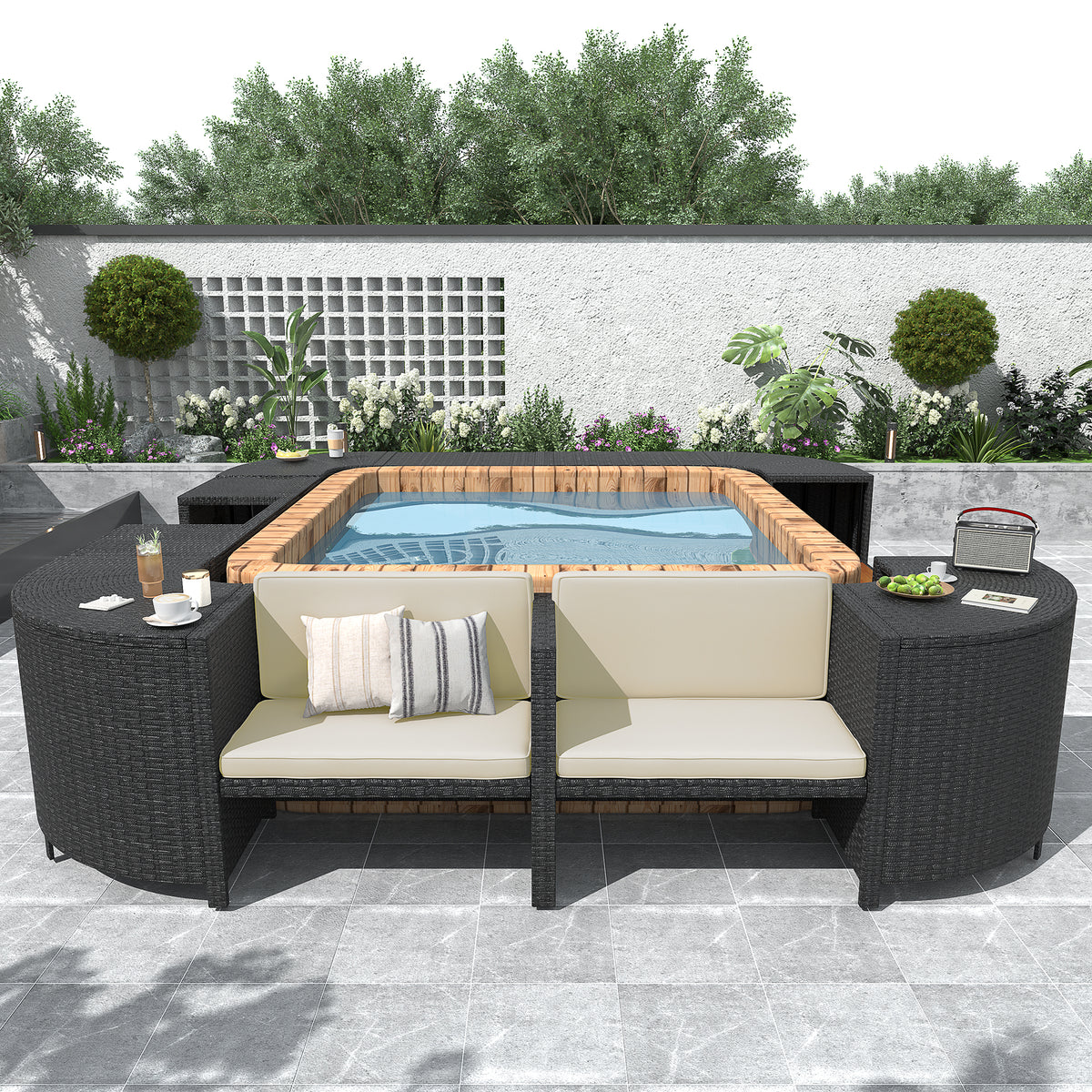 Spa Surround Spa Frame Quadrilateral Outdoor Rattan Sectional Sofa Set With Mini Sofa,Wooden Seats And Storage Spaces, Beige Yes Beige Water Resistant Frame Water Resistant Cushion Garden & Outdoor Sectional Seating Groups Foam Rattan Waterproof Fabric