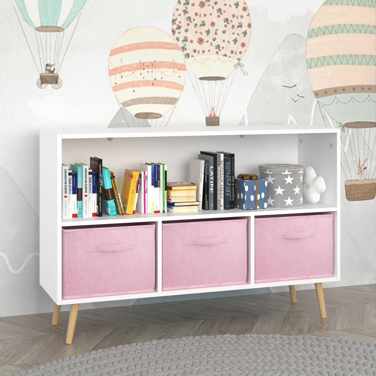 Kids Bookcase With Collapsible Fabric Drawers, Children'S Book Display, Toy Storage Cabinet Organizer, White Pink White Pink Mdf