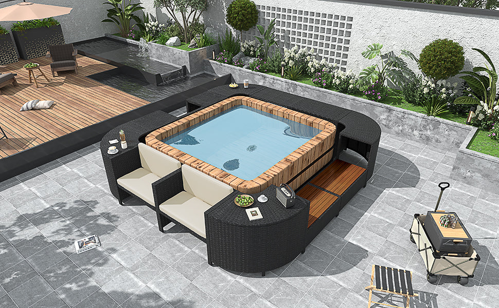 Spa Surround Spa Frame Quadrilateral Outdoor Rattan Sectional Sofa Set With Mini Sofa,Wooden Seats And Storage Spaces, Beige Yes Beige Water Resistant Frame Water Resistant Cushion Garden & Outdoor Sectional Seating Groups Foam Rattan Waterproof Fabric