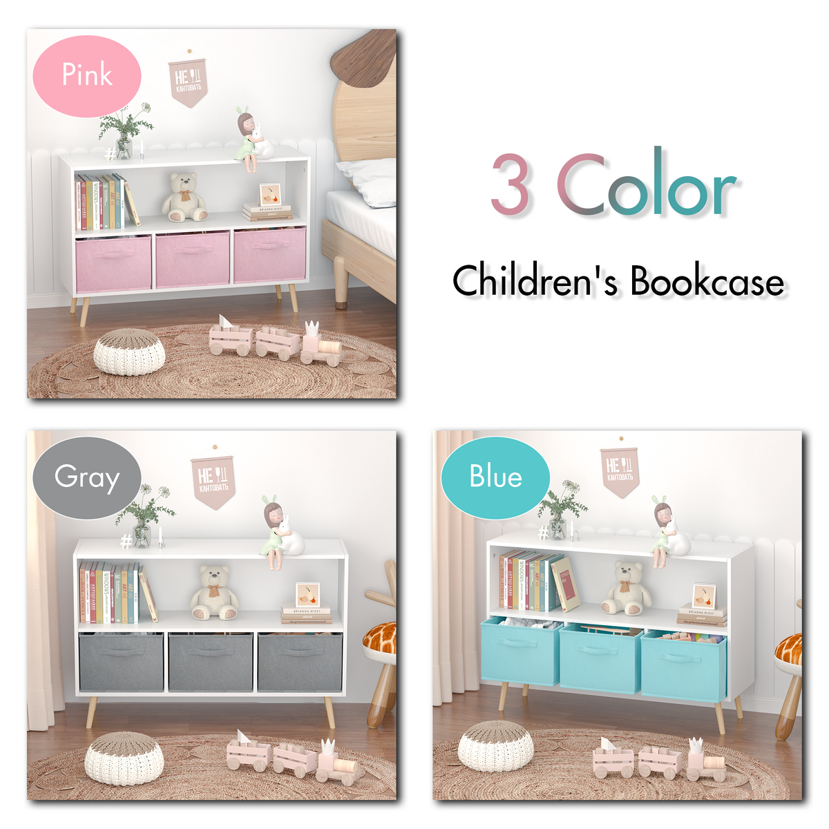 Kids Bookcase With Collapsible Fabric Drawers, Children'S Book Display, Toy Storage Cabinet Organizer, White Pink White Pink Mdf