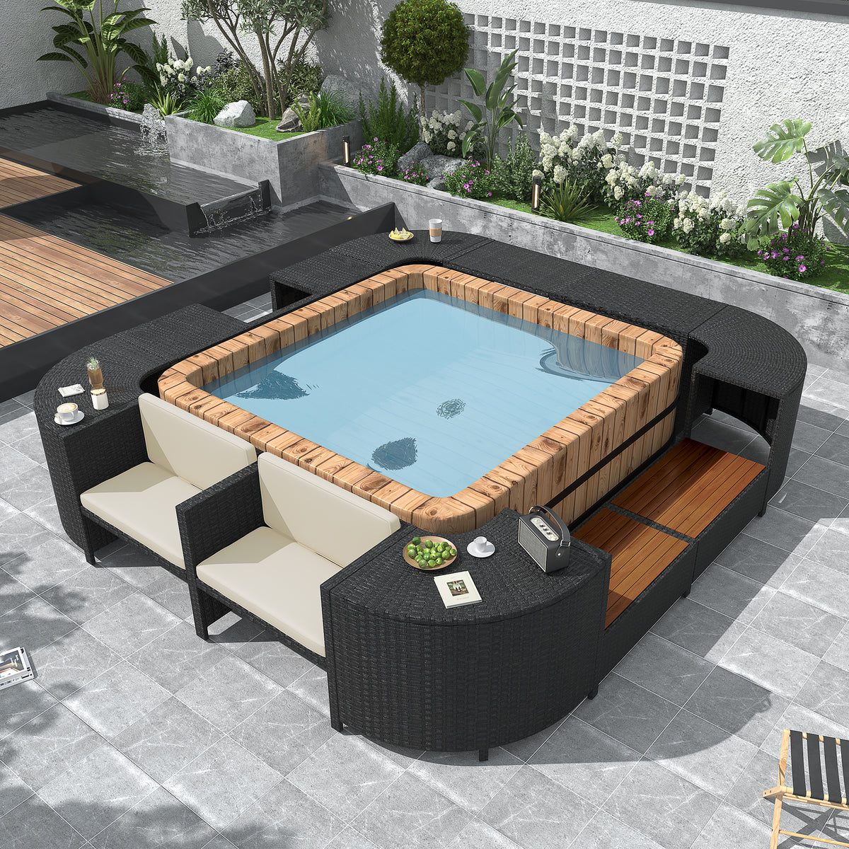 Spa Surround Spa Frame Quadrilateral Outdoor Rattan Sectional Sofa Set With Mini Sofa,Wooden Seats And Storage Spaces, Beige Yes Beige Water Resistant Frame Water Resistant Cushion Garden & Outdoor Sectional Seating Groups Foam Rattan Waterproof Fabric