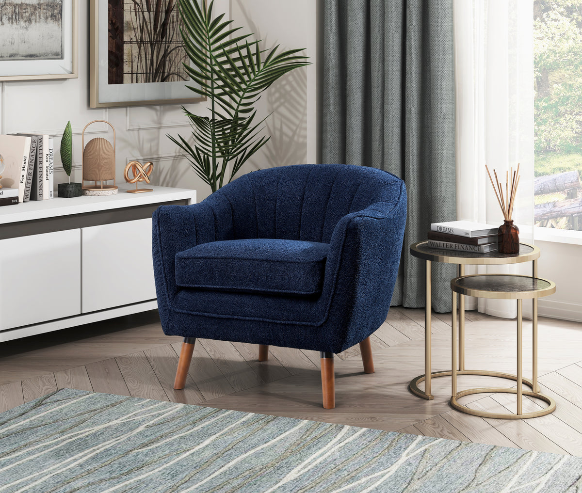 Mid Century Modern Accent Chair 1Pc Blue Chenille Fabric Upholstered Channel Stitched Back Brown Legs Solid Wood Furniture Blue Primary Living Space Mid Century Modern Solid Wood
