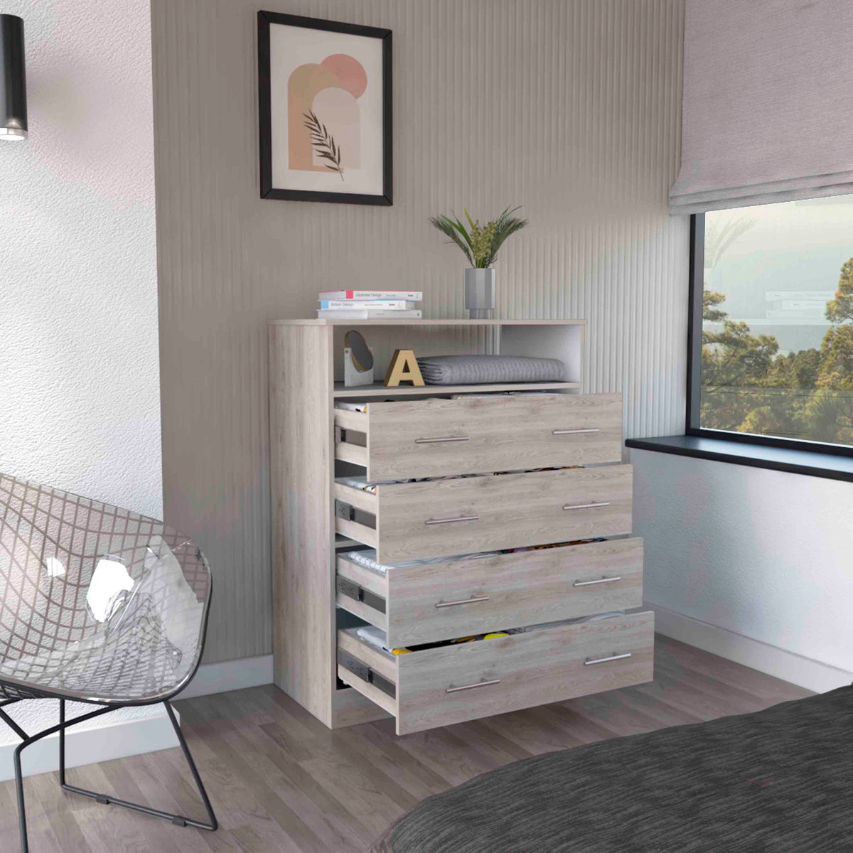 Peru L Four Drawer Dresser, Superior Top, One Open Shelf Light Gray White Gray Drawer 4 Drawers Bedroom Shelf Modern Particle Board Particle Board