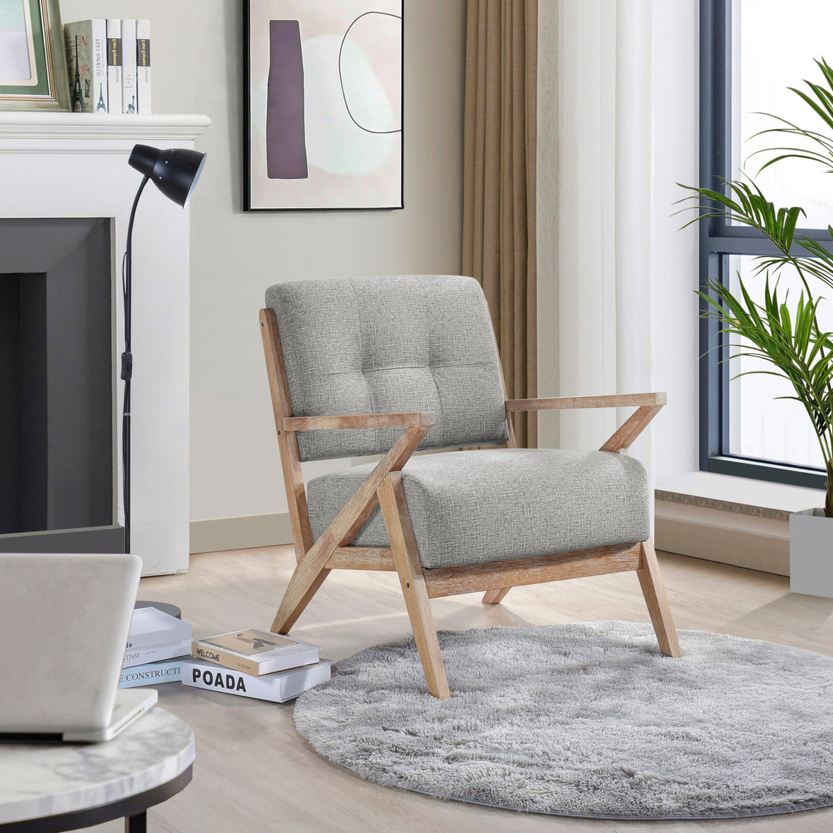 Modern Tufted Back Accent Chair 1Pc Gray Upholstery Antique Finish Solid Rubberwood Unique Design Furniture Gray Primary Living Space Modern,Rustic Rubberwood Solid Wood
