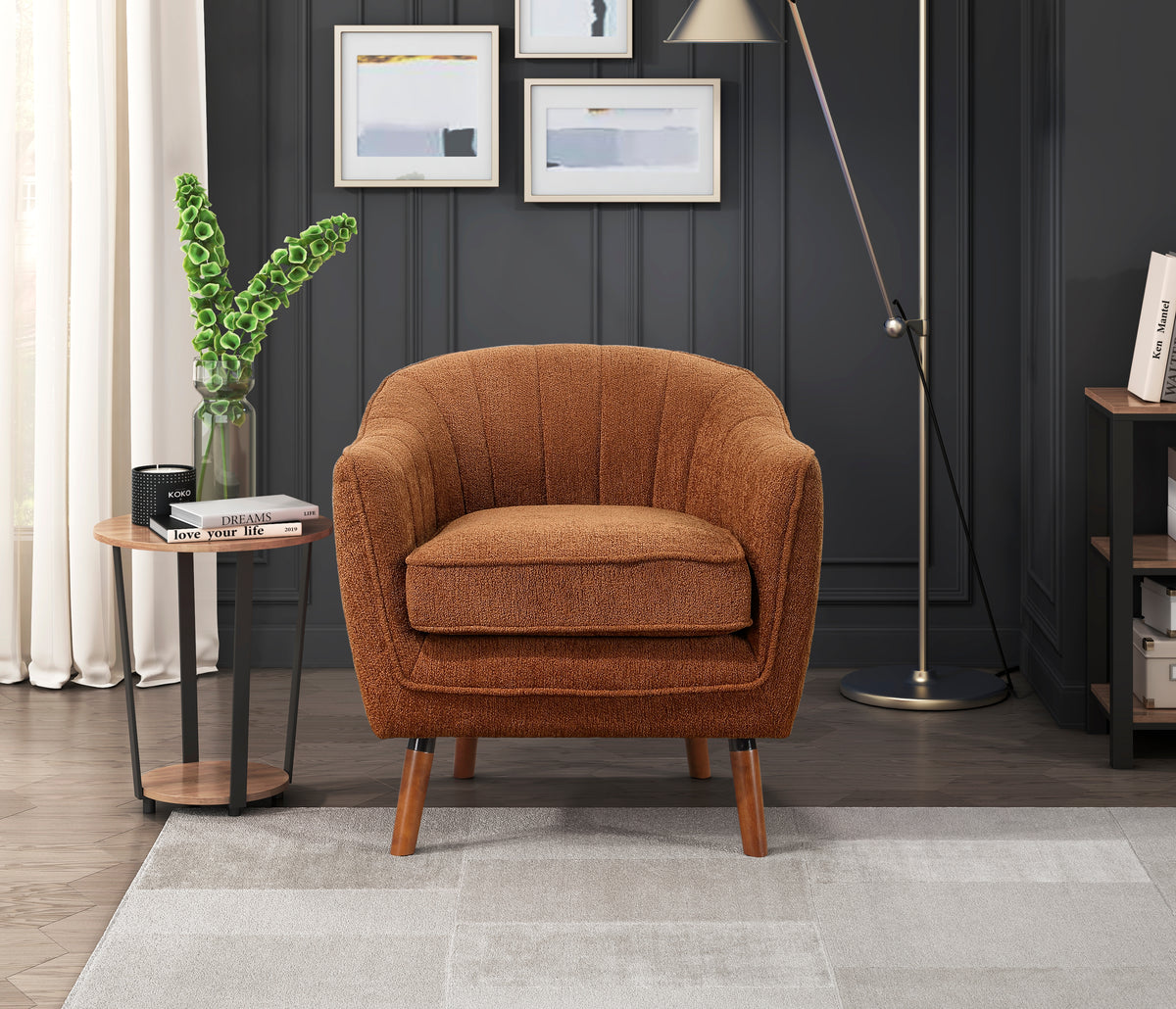 Mid Century Modern Accent Chair 1Pc Rust Hued Chenille Fabric Upholstered Channel Stitched Back Brown Legs Solid Wood Furniture Rust Primary Living Space Mid Century Modern Solid Wood