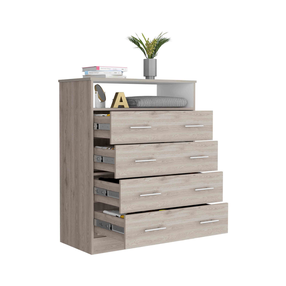 Peru L Four Drawer Dresser, Superior Top, One Open Shelf Light Gray White Gray Drawer 4 Drawers Bedroom Shelf Modern Particle Board Particle Board