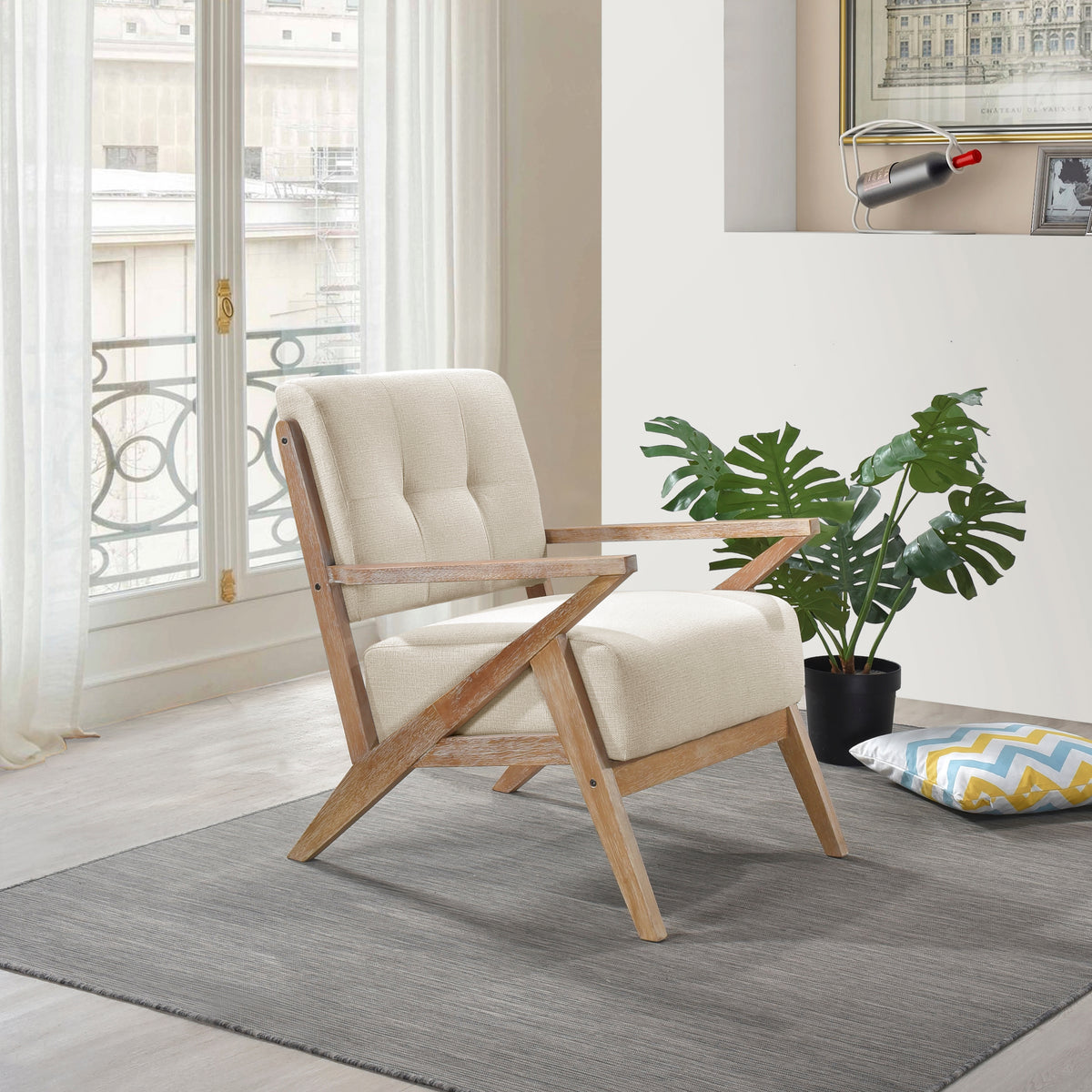 Modern Tufted Back Accent Chair 1Pc Sand Hued Fabric Upholstery Antique Finish Solid Rubberwood Unique Design Furniture Sand Primary Living Space Modern,Rustic Rubberwood Solid Wood