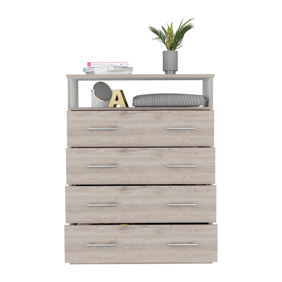 Peru L Four Drawer Dresser, Superior Top, One Open Shelf Light Gray White Gray Drawer 4 Drawers Bedroom Shelf Modern Particle Board Particle Board