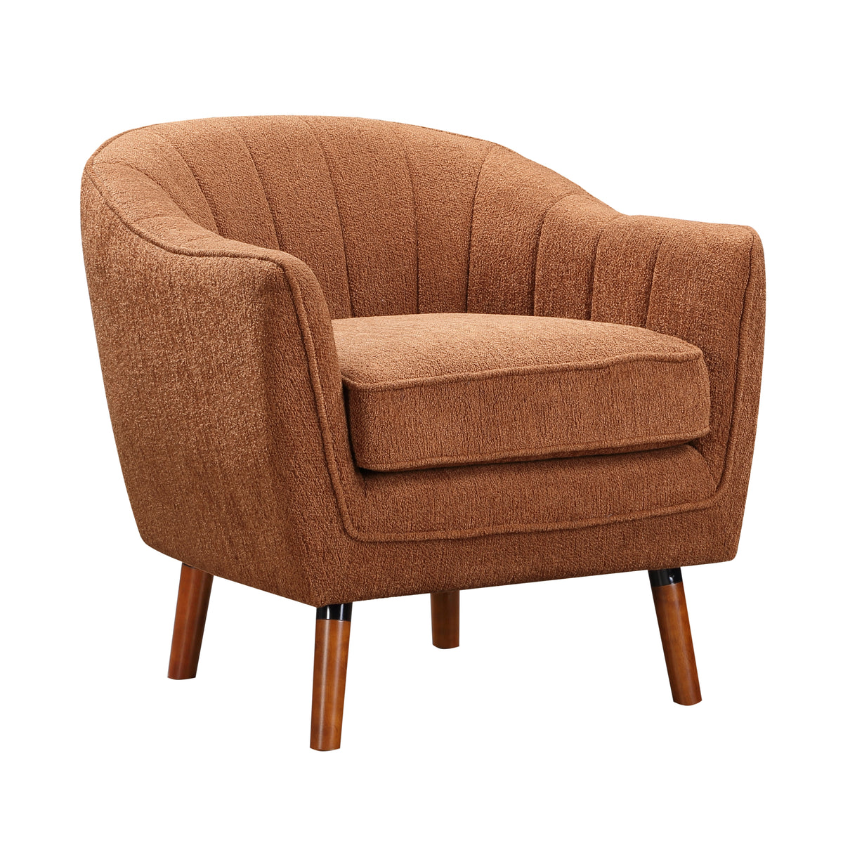 Mid Century Modern Accent Chair 1Pc Rust Hued Chenille Fabric Upholstered Channel Stitched Back Brown Legs Solid Wood Furniture Rust Primary Living Space Mid Century Modern Solid Wood