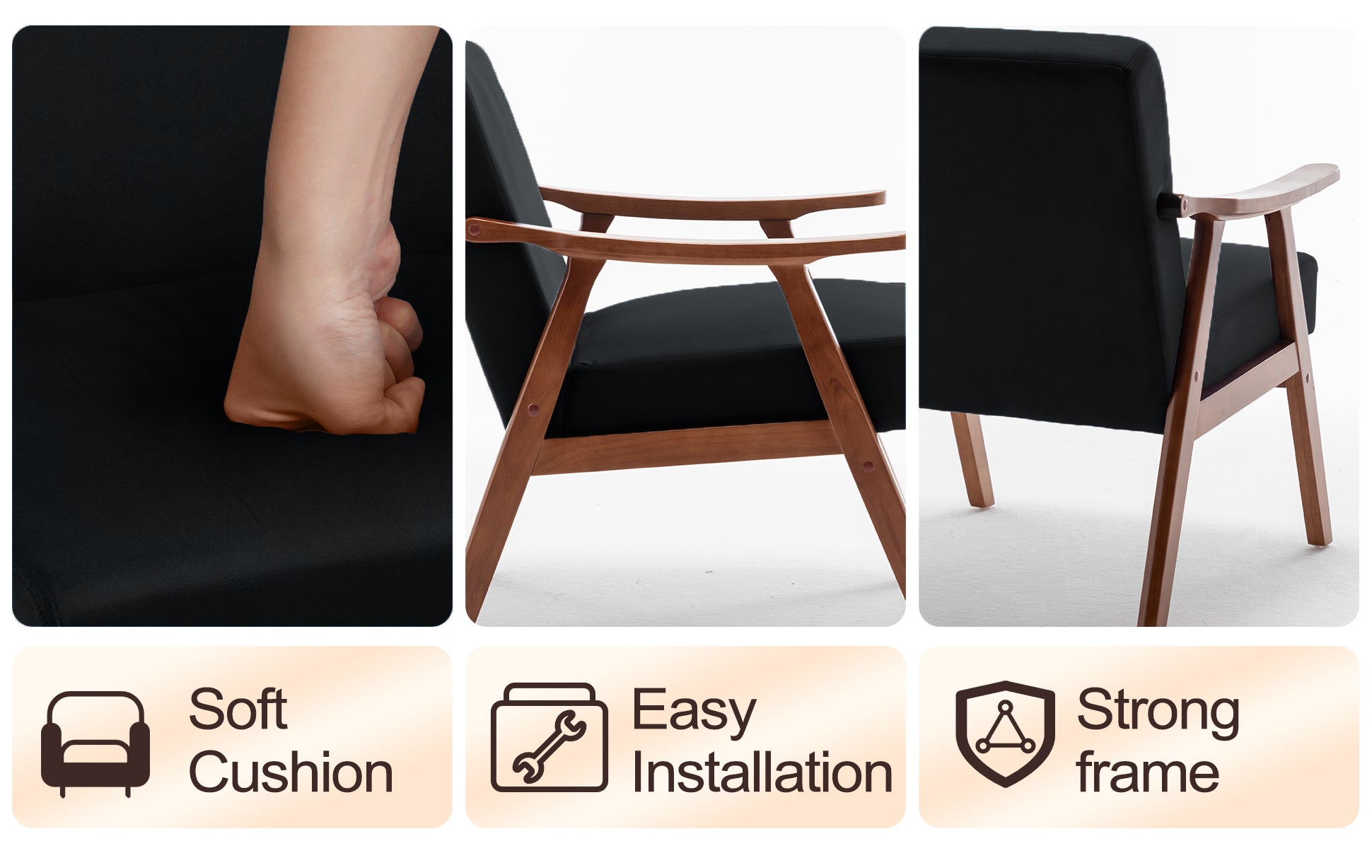 Mid Century Modern Chair, Living Room Chair With Solid Wood Frame, Accent Chair Extra Thick Backrest, Wingback Chair For Bedroom, Reading Room, Living Room, Lounge Chair Indoor Black Primary Living Space Mid Century Modern Foam Velvet