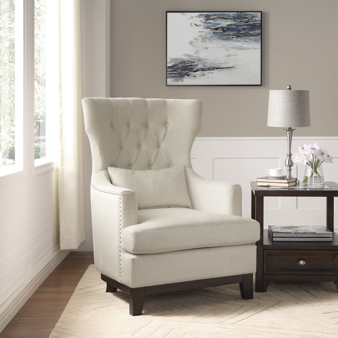 Button Tufted Wing Back Accent Chair 1Pc Beige Fabric Upholstered Pillow Solid Wood Traditional Living Room Furniture Beige Primary Living Space Luxury,Traditional Solid Wood