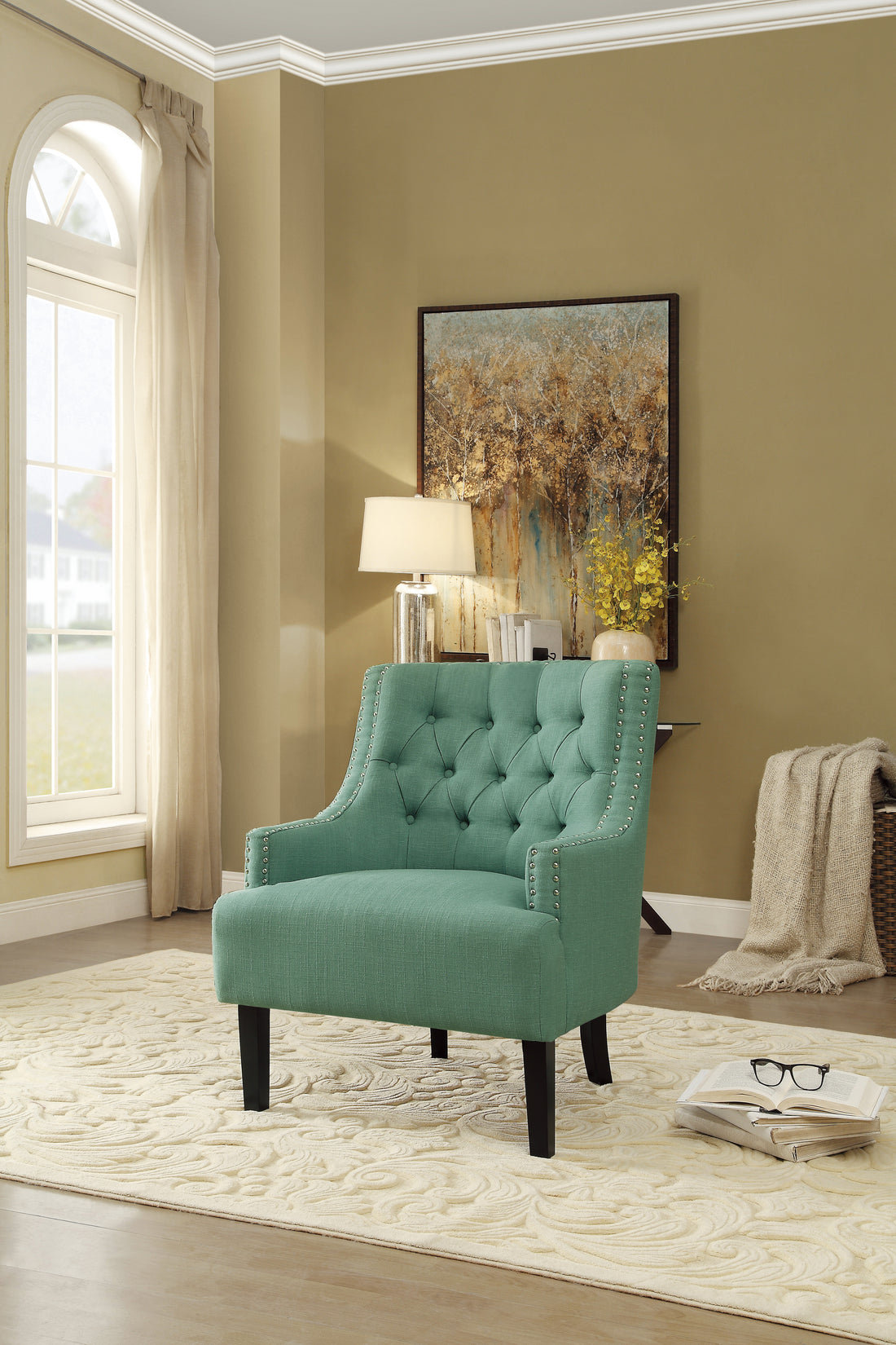 Modern Traditional Accent Chair Button Tufted Teal Textured Fabric Upholstery Solid Wood 1Pc Living Room Furniture Teal Primary Living Space Modern,Traditional Solid Wood