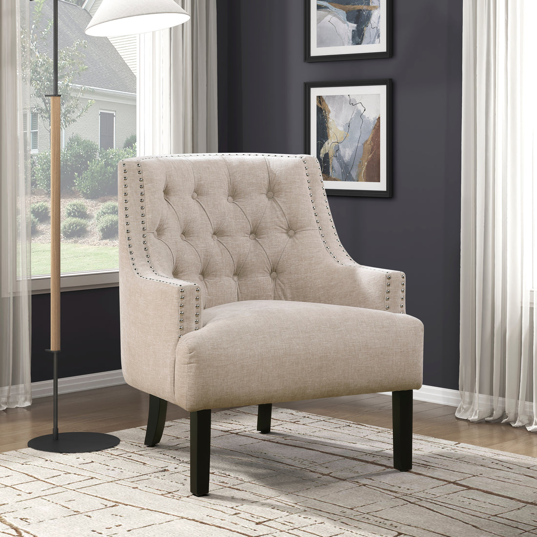Modern Traditional Accent Chair Chenille Upholstery Button Tufted Solid Wood 1Pc Living Room Furniture Beige Multi Primary Living Space Modern,Traditional Solid Wood