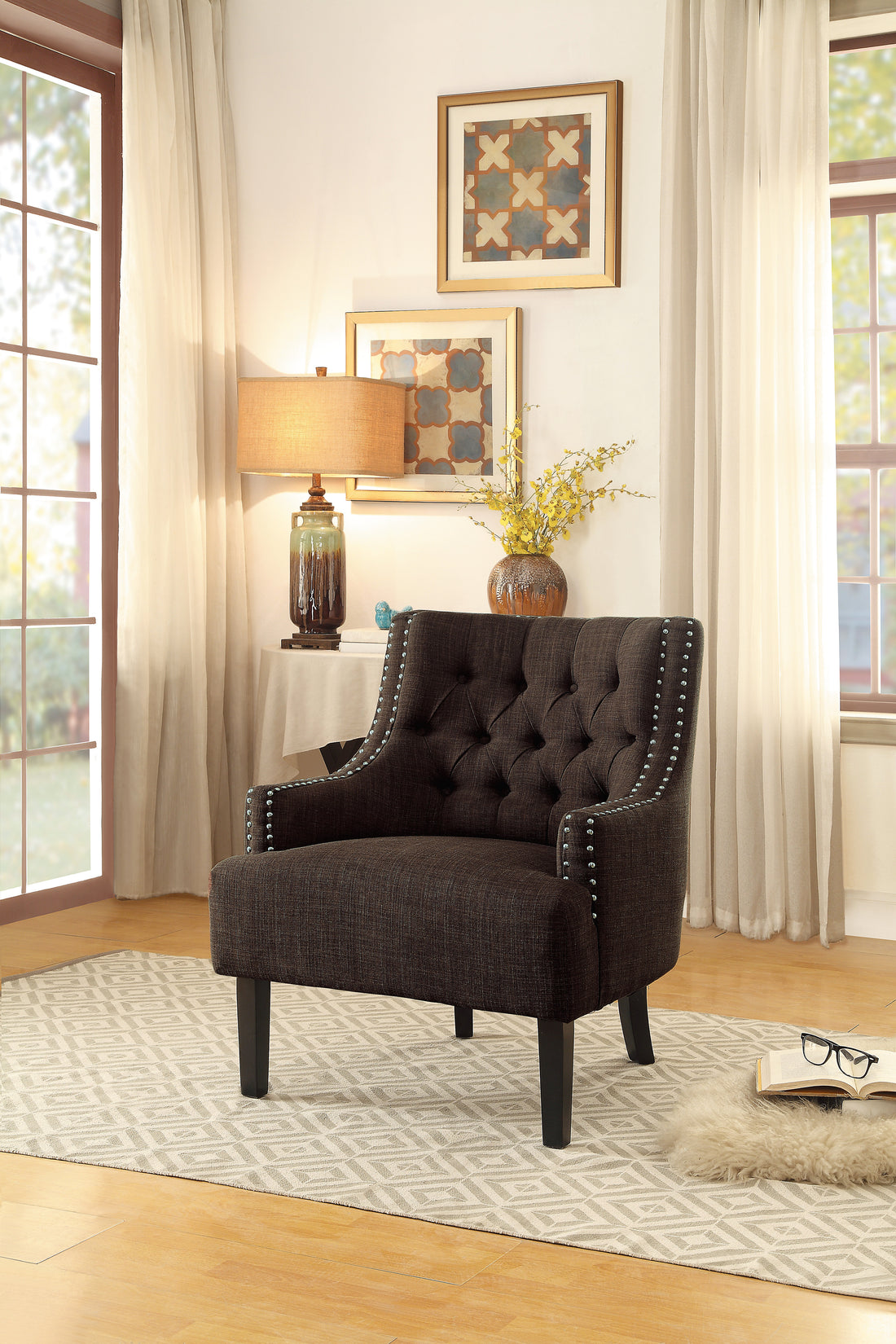 Modern Traditional Accent Chair Button Tufted Chocolate Hued Textured Fabric Upholstery Solid Wood 1Pc Living Room Furniture Chocolate Primary Living Space Modern,Traditional Solid Wood