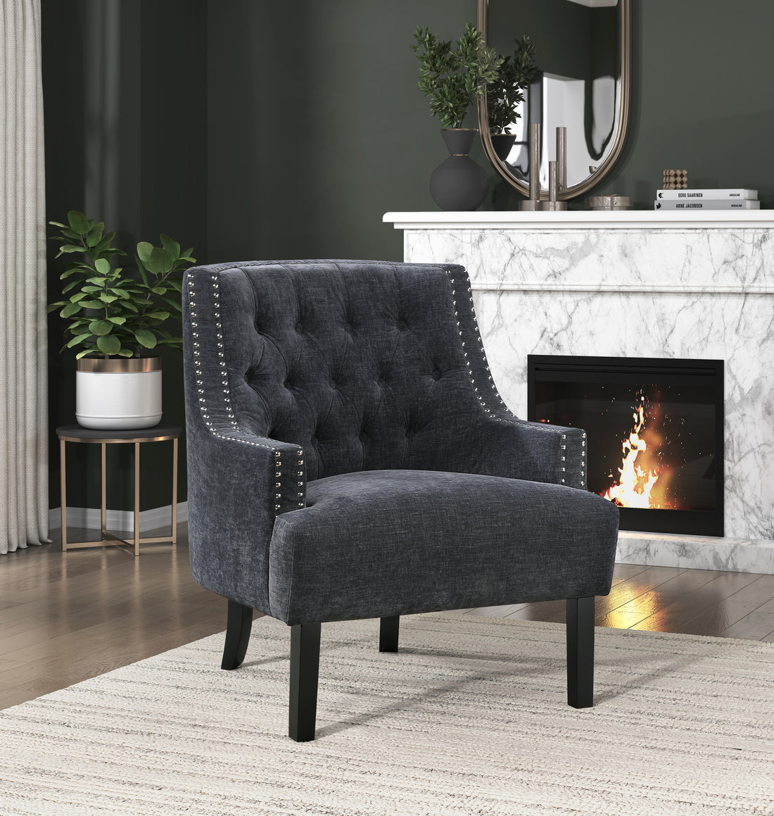 Modern Traditional Accent Chair Black Chenille Upholstery Button Tufted Solid Wood 1Pc Living Room Furniture Black Primary Living Space Modern,Traditional Solid Wood