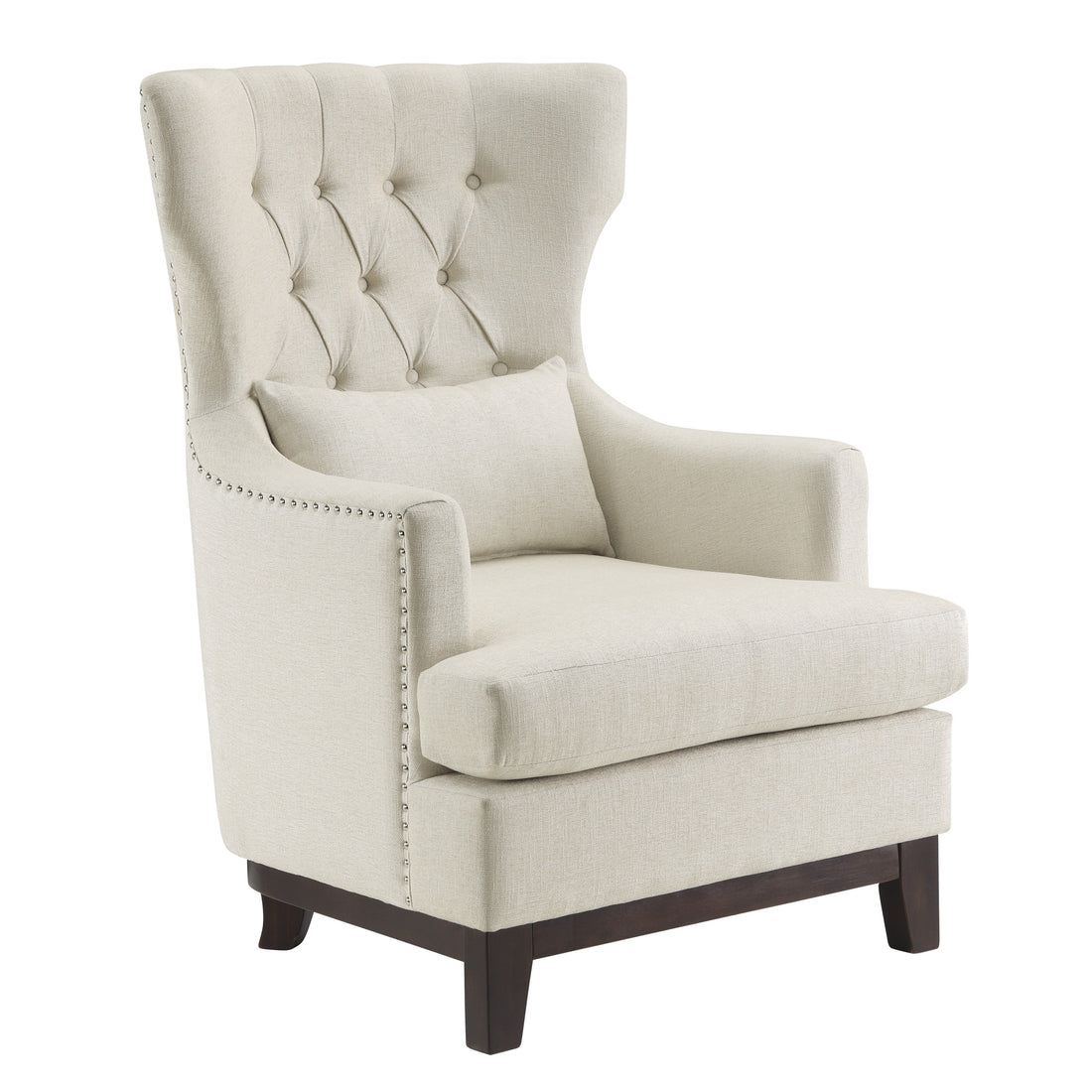 Button Tufted Wing Back Accent Chair 1Pc Beige Fabric Upholstered Pillow Solid Wood Traditional Living Room Furniture Beige Primary Living Space Luxury,Traditional Solid Wood