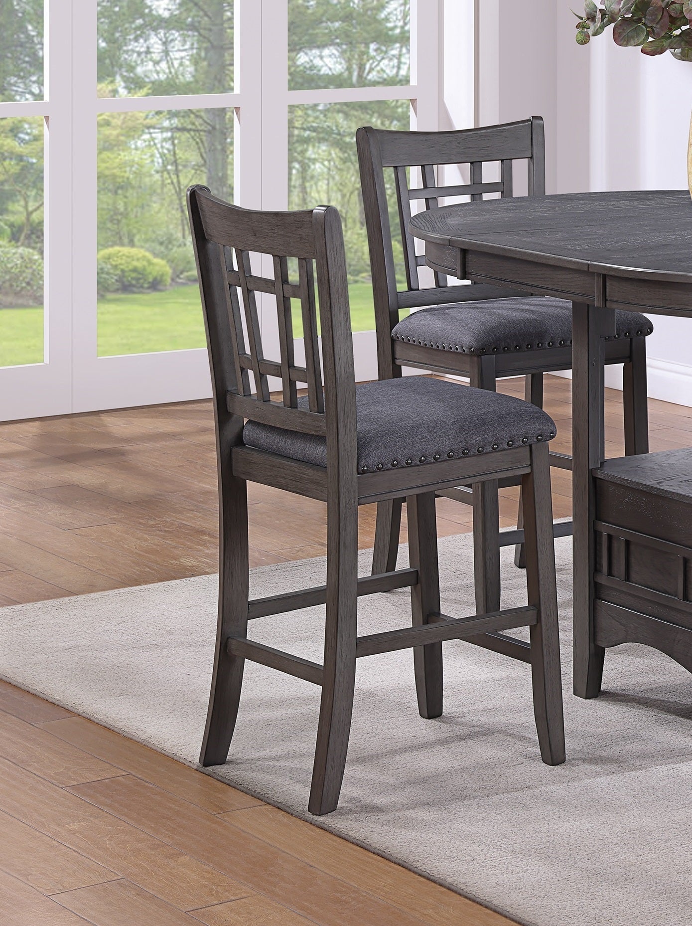 Contemporary Dining Room Counter Height 5Pc Dining Set Round Table W Leaf And 4X Side Chairs Gray Finish Solid Wood Light Brown Wood Dining Room Solid Wood Rubberwood Round Dining Table With Chair Wood Wood Gray Seats 4 42 Inches Drop Leaf
