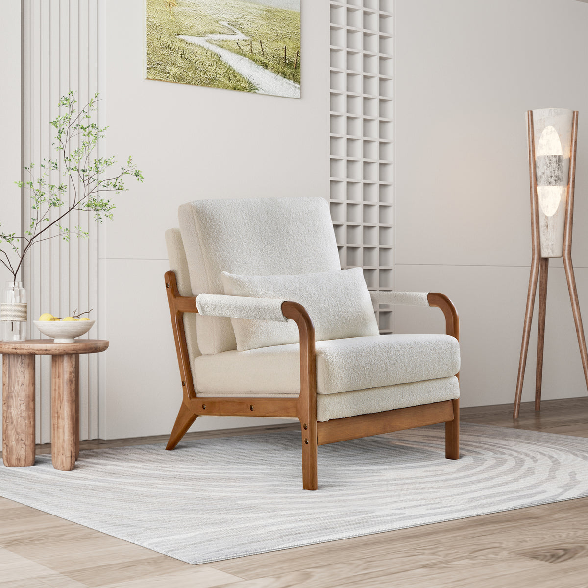 Modern Teddy Fabric Accent Chair,Wood Frame Armchair For Living Room White Teddy