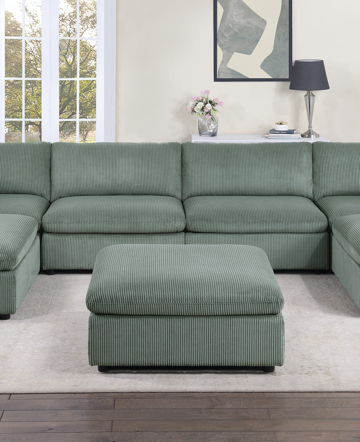 Contemporary Living Room Furniture Ottoman Sage Color Corduroy 1Pc Soft Cushion Ottoman Wood Legs Sage Primary Living Space Solid Contemporary,Modern Square Corduroy