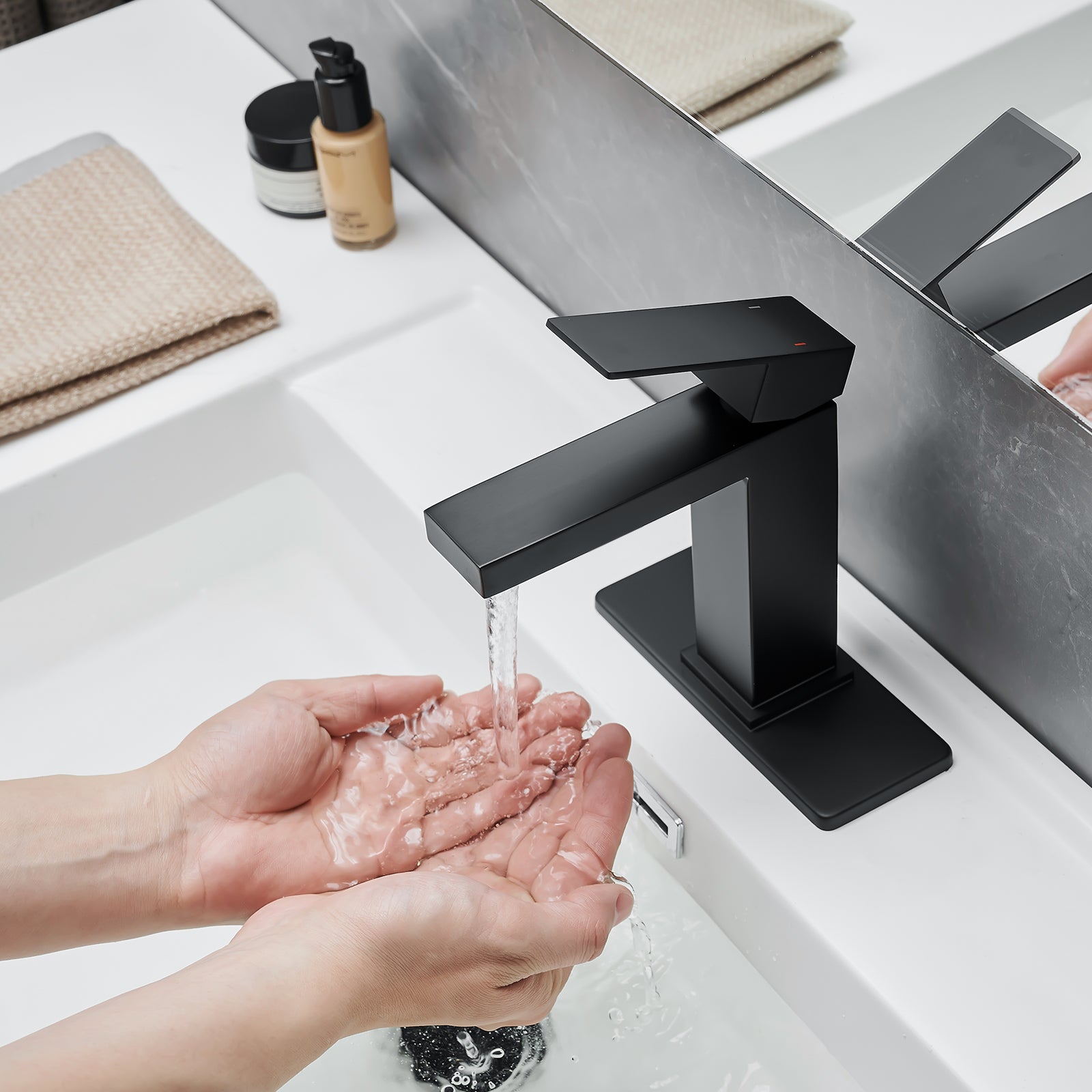 Sink Faucet With Deck Plate Waterfall Black With Pop Up Drain And Supply Lines Bathroom Faucets For Sink 1 Hole One Handle Faucets Vanity Bath Mixer Tap Bathroom Joystick Geometric One Black Side Sprayer Deck Mounted Cartridge Valve Single Hole Faucets