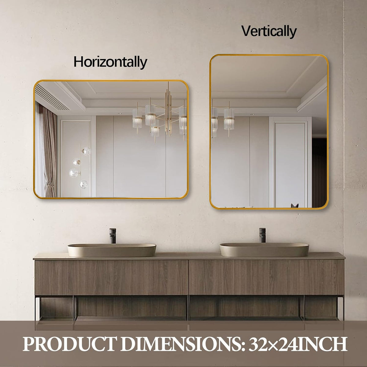 Gold 24X36 Inch Metal Rectangle Barhroom Mirror Gold Classic Mdf Glass Aluminium