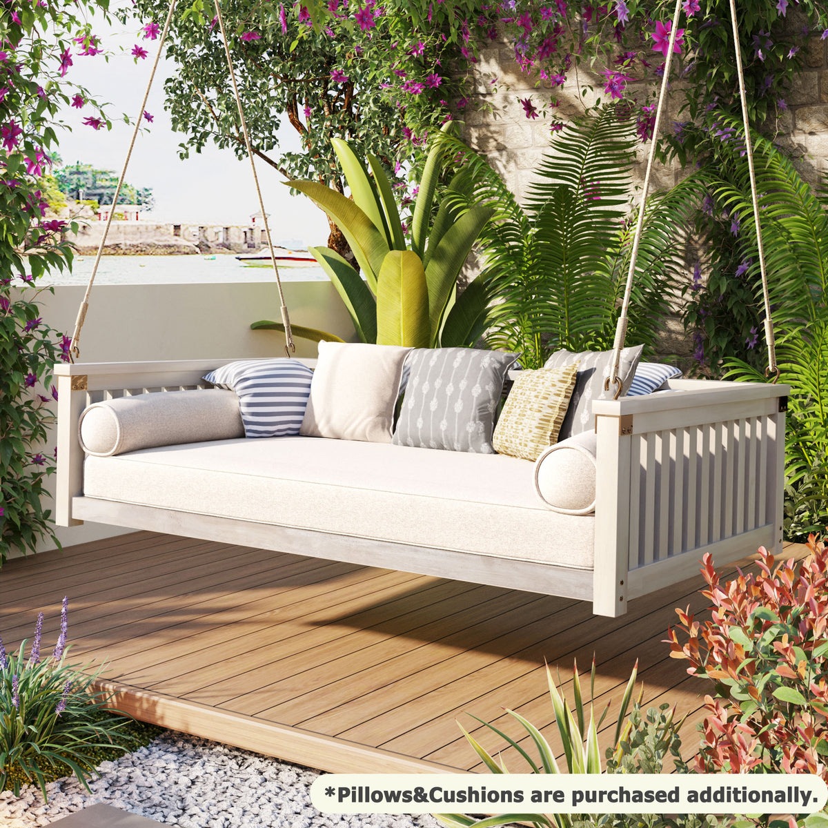 Patio Minimalist Twin Size Garden Swing Bed Wood Porch Swing With Ropes For Backyard, Safe Sloped Design, White White Weather Resistant Frame Garden & Outdoor Minimalist 2 Person Seating Group