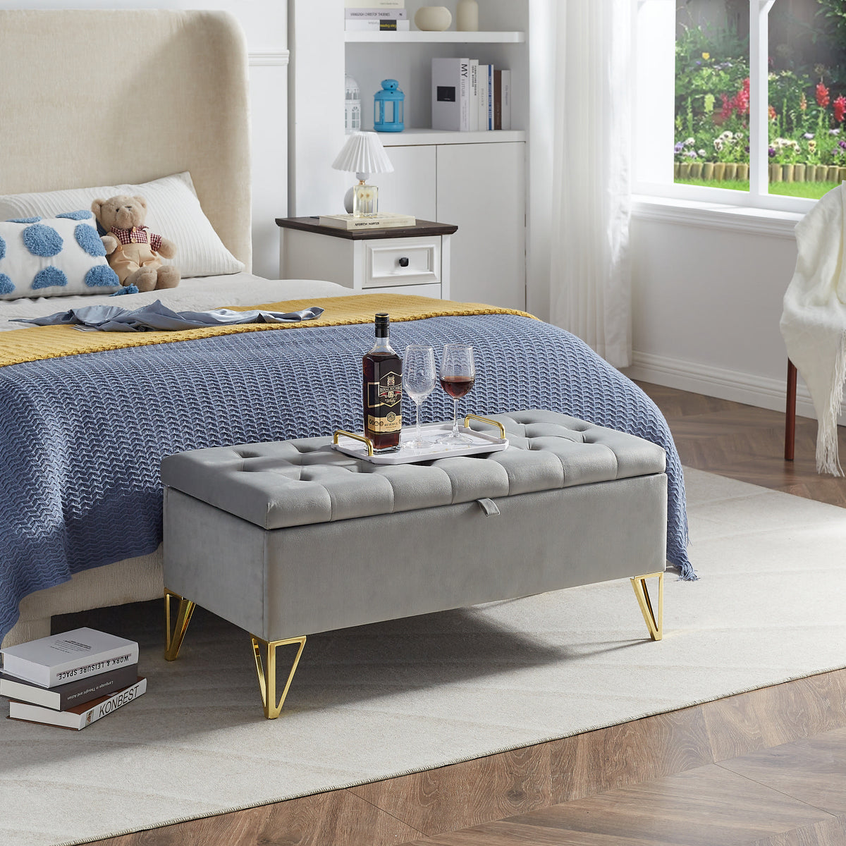 Fashion Light Grey Velvet Fabric Upholstered Large Storage Rectangular Bench For Entryway Bench,Bedroom End Of Bed Bench.Foot Of The Bed,Bench For Sofa For Living Room. Gold Feet Stainless Steel Gray Fabric