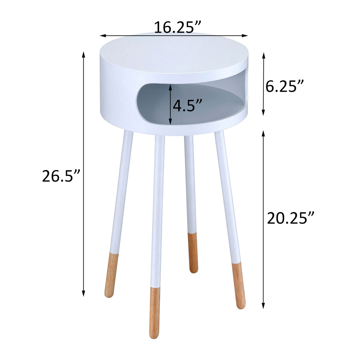 White And Natural Round 1 Shelf End Table White Primary Living Space Contemporary Shelves Round Wood Metal
