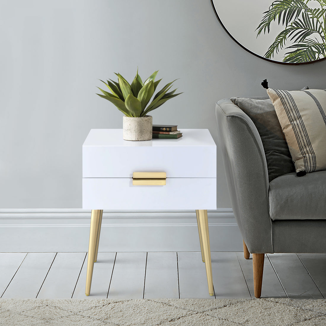 White And Gold Side Table With 2 Drawer White Gold White Primary Living Space Mid Century Modern Drawers Square Wood Metal