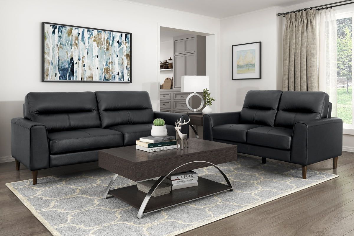 Modern Living Room Furniture Black Top Grain Leather Sofa 1Pc Cushion Seat And Back Solid Wood Frame Black Genuine Leather Wood Primary Living Space Modern Solid Wood 2 Seat