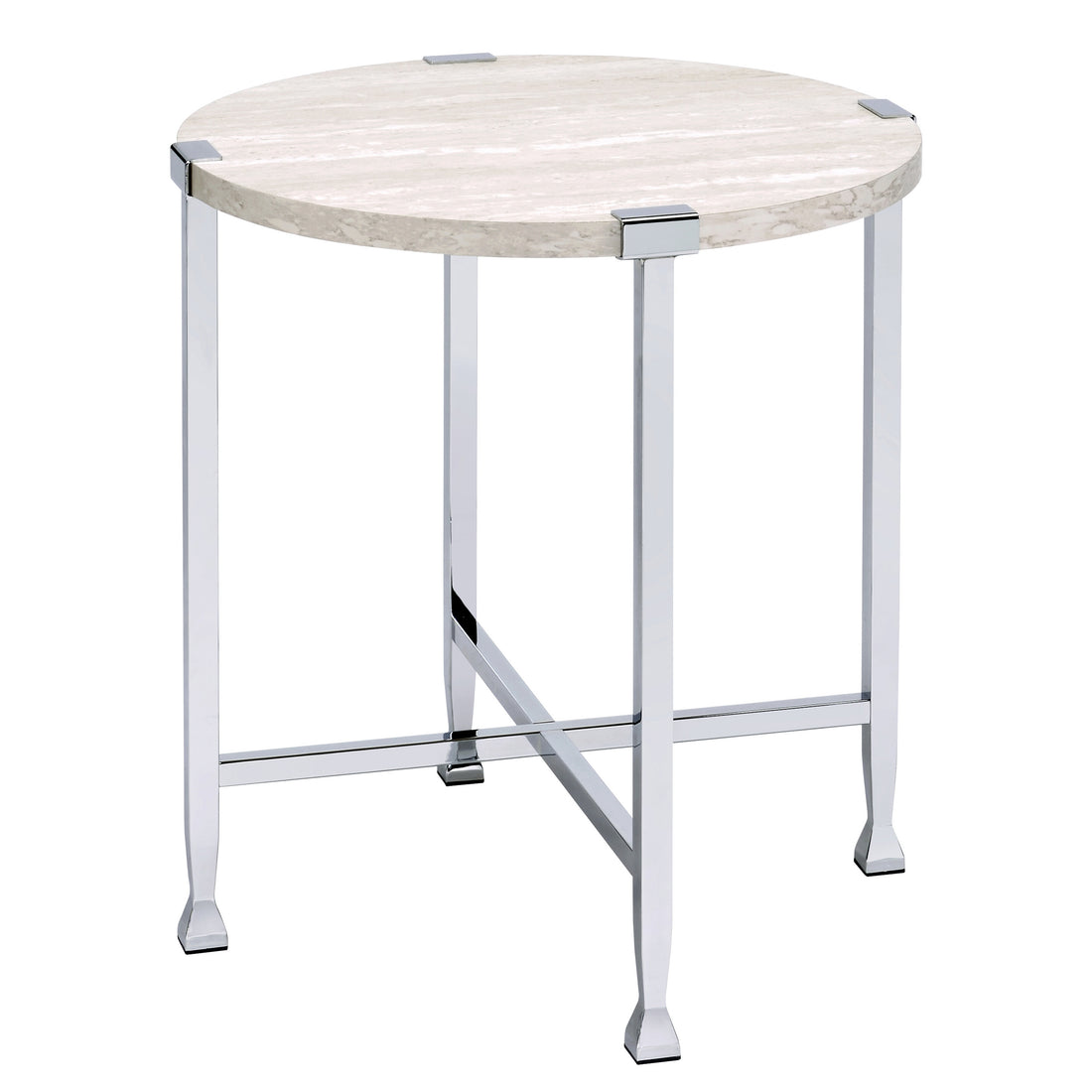 White Oak And Chrome End Table With X Shape Base White Silver White Primary Living Space Modern Round Wood Metal