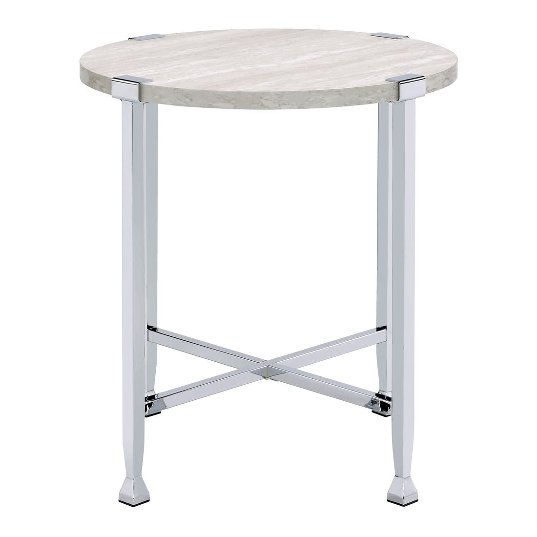 White Oak And Chrome End Table With X Shape Base White Silver White Primary Living Space Modern Round Wood Metal