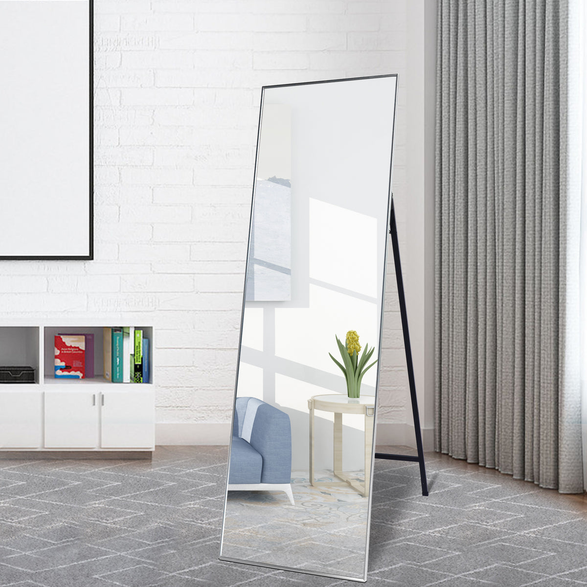 Silver 65 X 22 In Metal Stand Full Length Mirror Silver Classic Mdf Glass Aluminium Alloy