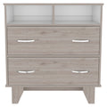 Portanova Two Drawer Dresser, Two Open Shelves, Superior Top, Four Legs Light Gray White Gray Drawer 2 Drawers Bedroom Shelf Modern Particle Board Particle Board