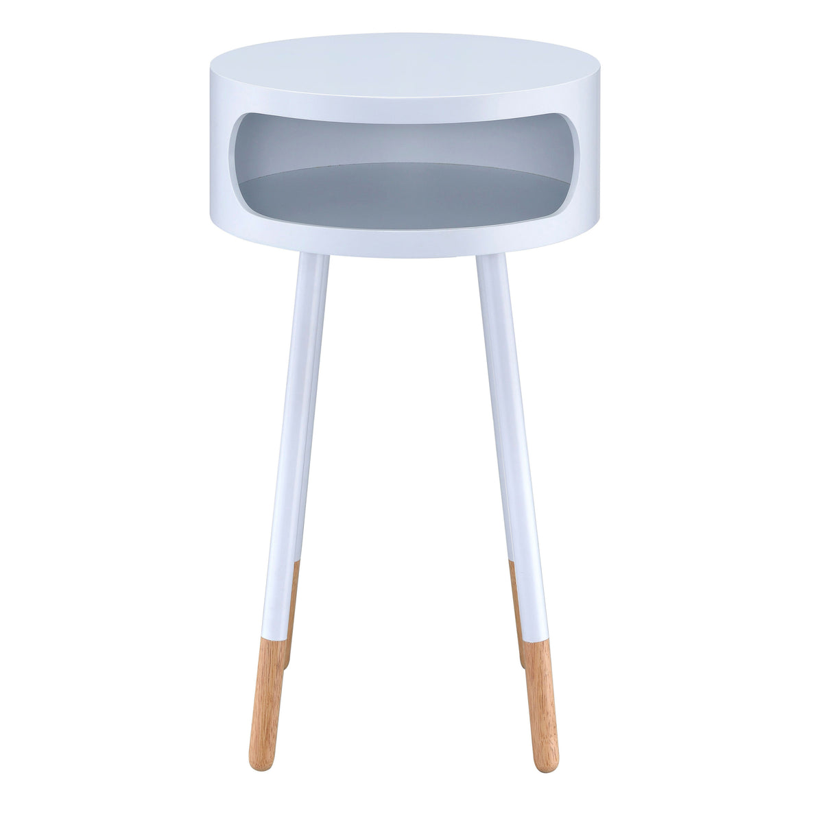 White And Natural Round 1 Shelf End Table White Primary Living Space Contemporary Shelves Round Wood Metal