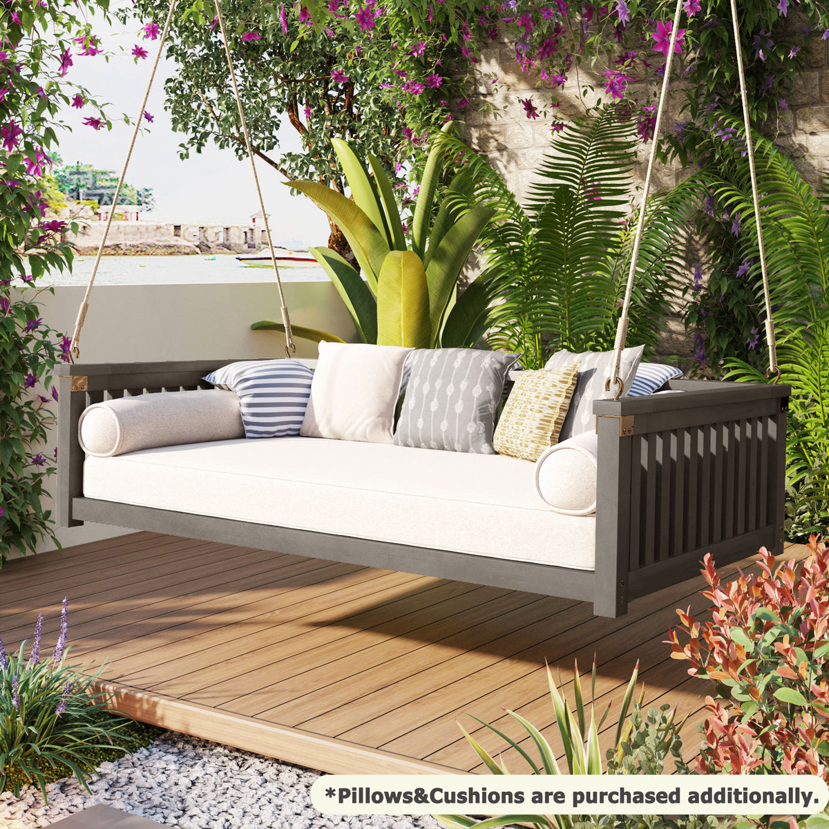 Patio Minimalist Twin Size Garden Swing Bed Wood Porch Swing With Ropes For Backyard, Safe Sloped Design, Gray Gray Weather Resistant Frame Garden & Outdoor Minimalist 2 Person Seating Group Acacia