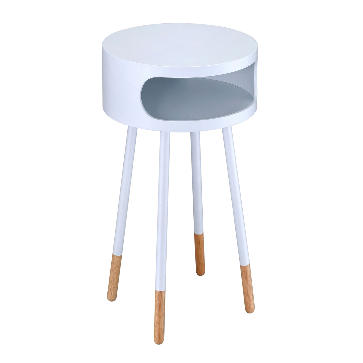 White And Natural Round 1 Shelf End Table White Primary Living Space Contemporary Shelves Round Wood Metal