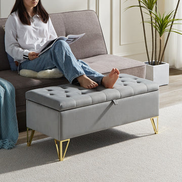 Fashion Light Grey Velvet Fabric Upholstered Large Storage Rectangular Bench For Entryway Bench,Bedroom End Of Bed Bench.Foot Of The Bed,Bench For Sofa For Living Room. Gold Feet Stainless Steel Gray Fabric