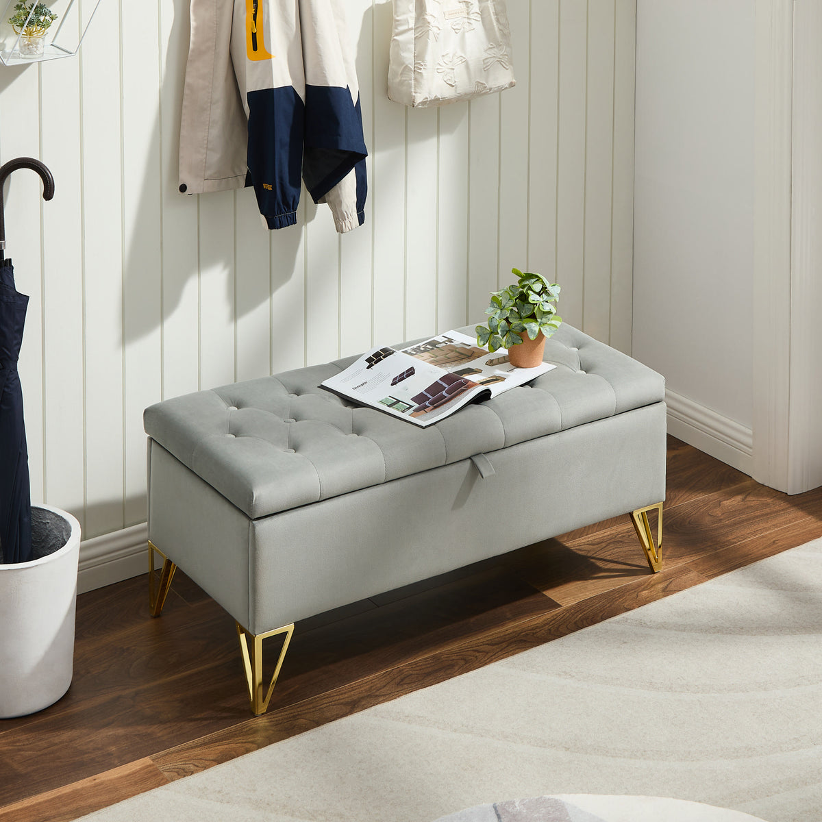 Fashion Light Grey Velvet Fabric Upholstered Large Storage Rectangular Bench For Entryway Bench,Bedroom End Of Bed Bench.Foot Of The Bed,Bench For Sofa For Living Room. Gold Feet Stainless Steel Gray Fabric
