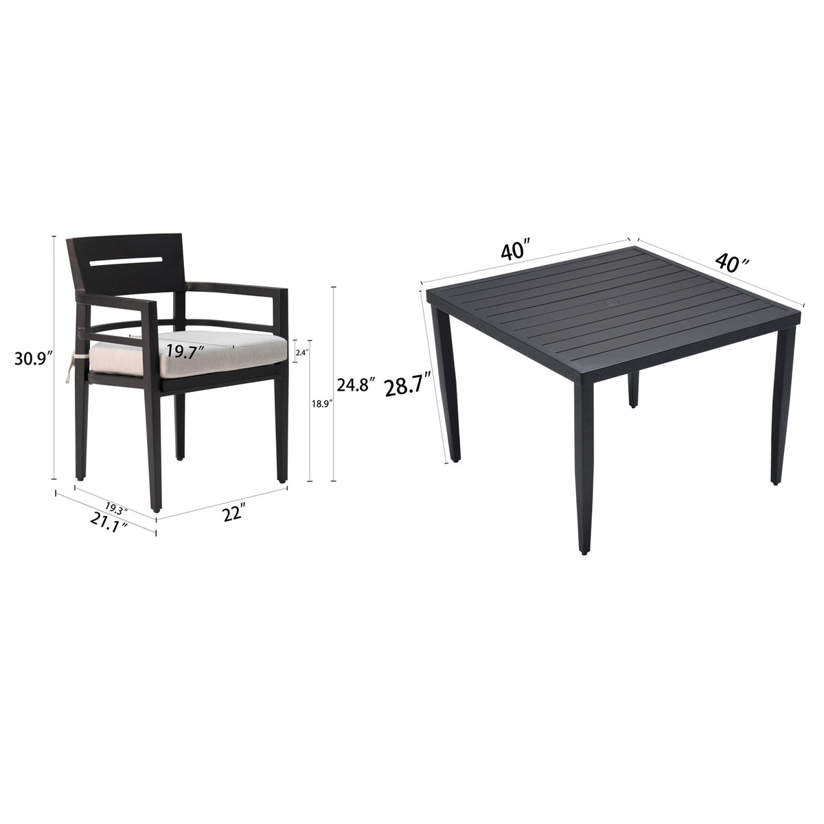 5 Piece Outdoor Patio Aluminum Furniture, Modern Dining Set, Including 4 Dining Chairs Sunbrella Fabric Cushioned And 40" Square Dining Table With Umbrella Hole, Ember Black Yes Dining Set Ember Black Seats 4 Rust Resistant Frame Fade Resistant Cushion