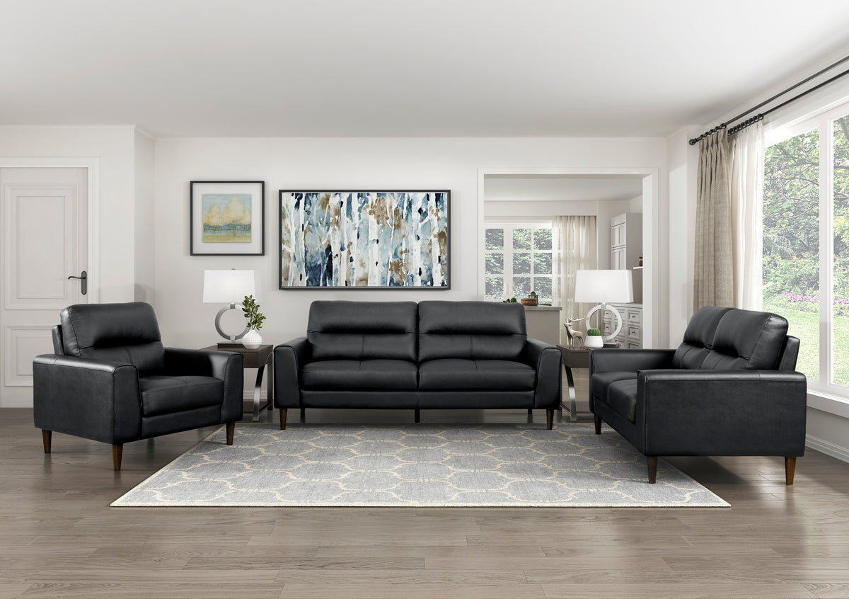 Modern Living Room Furniture Black Top Grain Leather Sofa 1Pc Cushion Seat And Back Solid Wood Frame Black Genuine Leather Wood Primary Living Space Modern Solid Wood 2 Seat