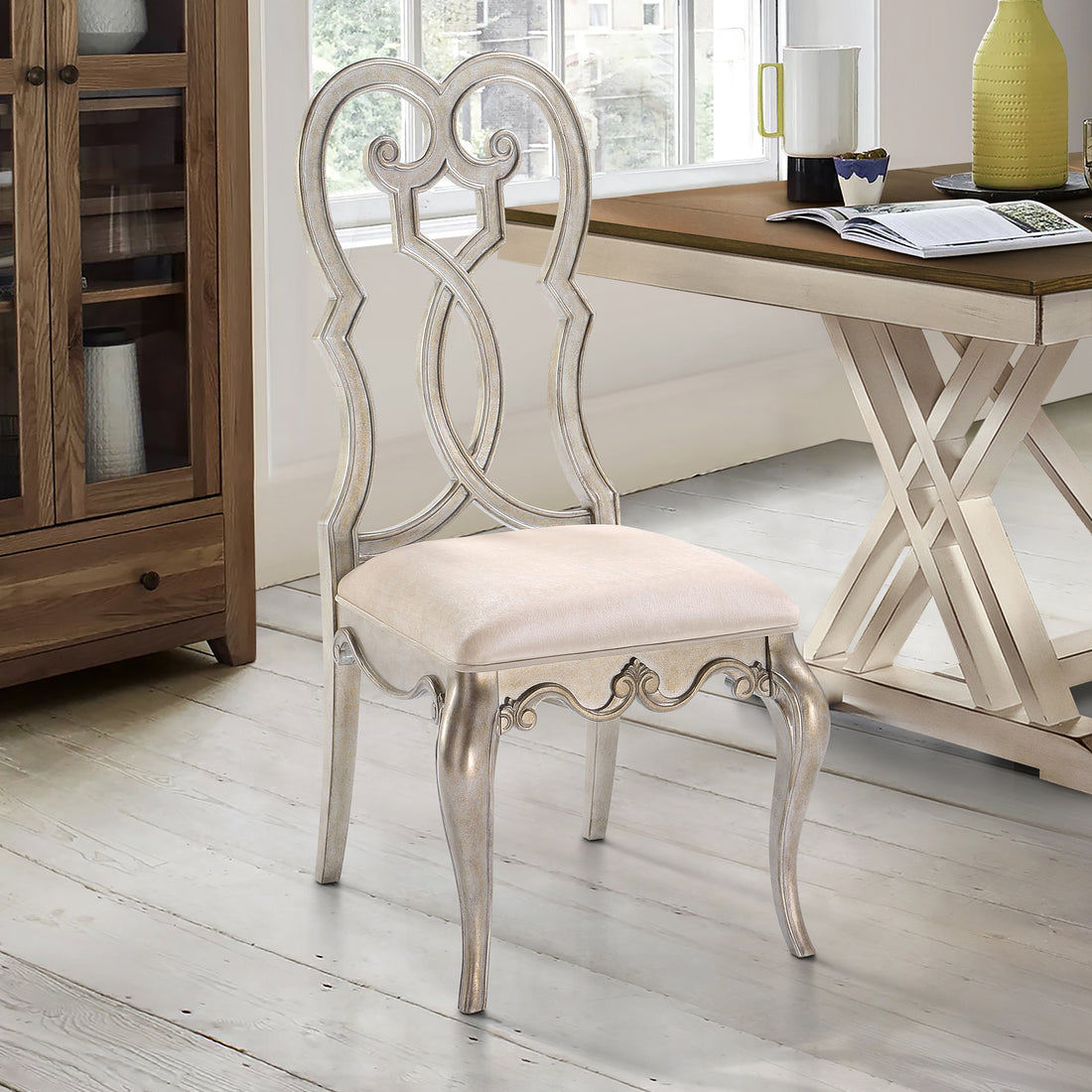 Ivory And Antique Champagne Side Chairs Set Of 2 Solid Ivory Dining Room Foam Rectangular Glam Side Chair Poplar Queen Anne Back Set Of 2 Wood Metal