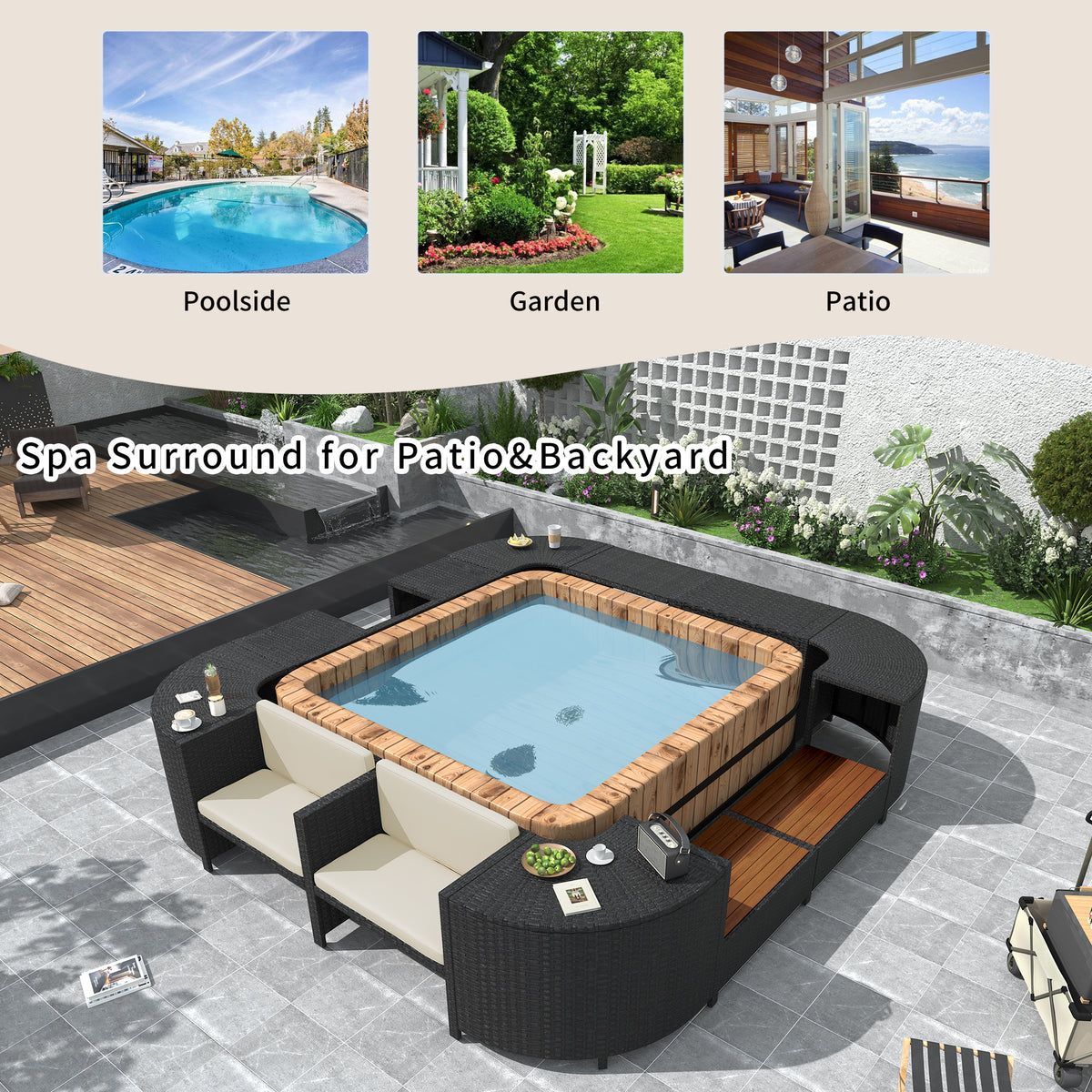 Spa Surround Spa Frame Quadrilateral Outdoor Rattan Sectional Sofa Set With Mini Sofa,Wooden Seats And Storage Spaces, Beige Yes Beige Water Resistant Frame Water Resistant Cushion Garden & Outdoor Sectional Seating Groups Foam Rattan Waterproof Fabric