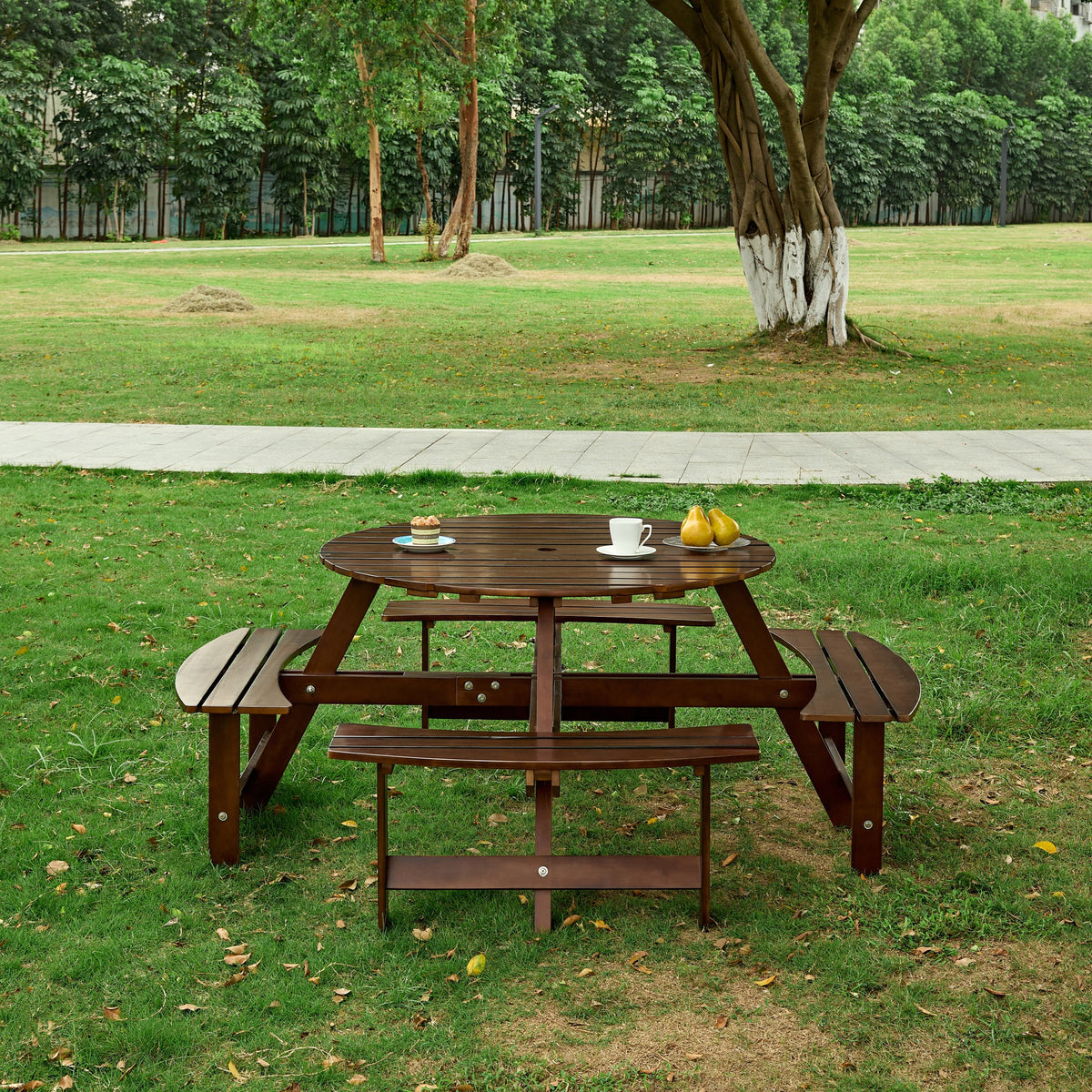 Outdoor 8 Person Picnic Table, 8 Person Round Picnic Table With 4 Built In Benches, Umbrella Hole, Outside Table And Bench Set For Garden, Backyard, Porch, Patio, Brown Brown Wood Metal